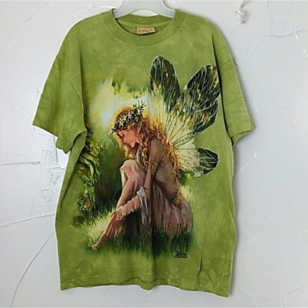 Vintage Mountain Green Winged Fairy T Shirt Tie Dye Size Large Cotton Fa…